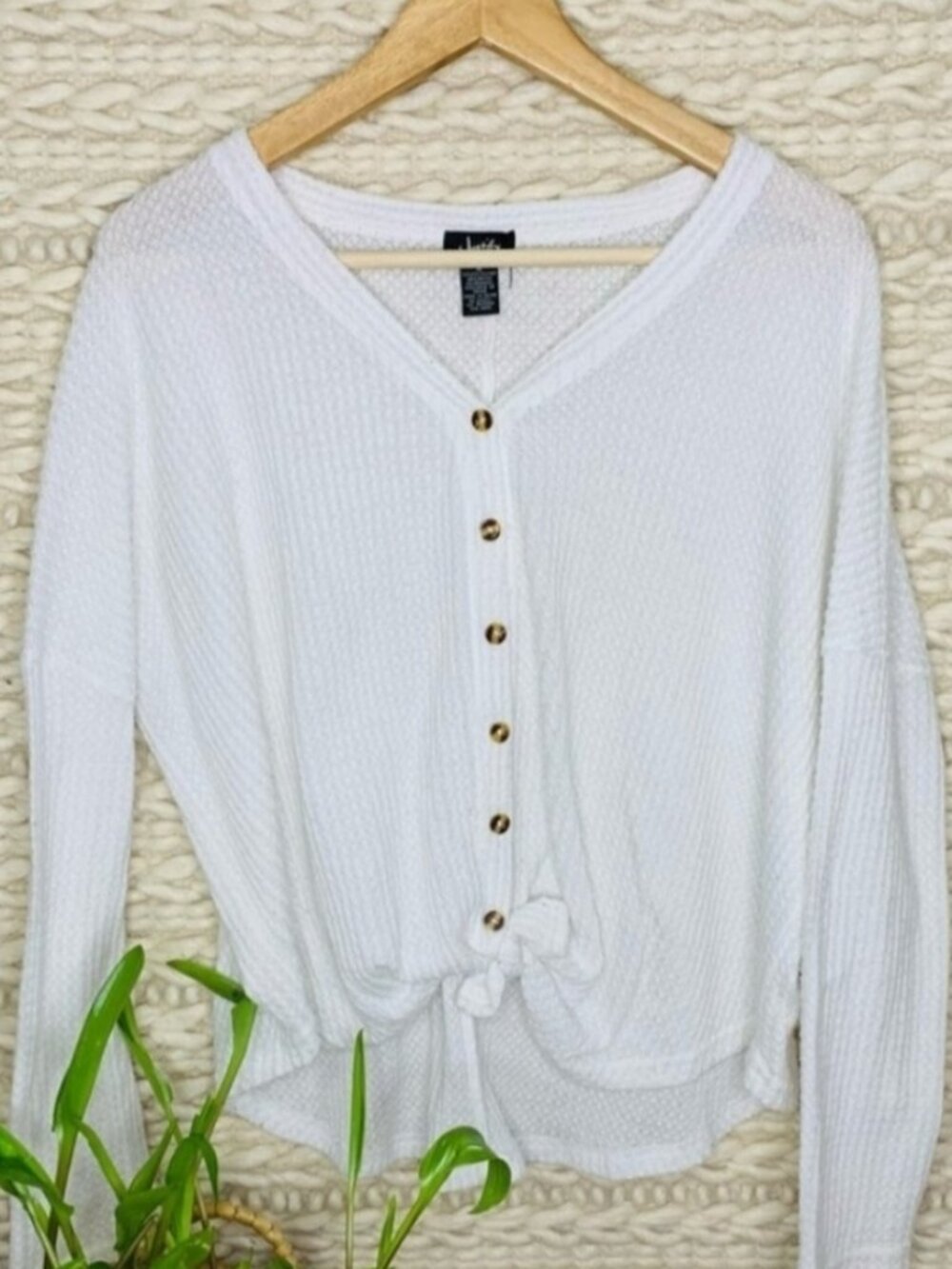 White Waffle Knit Button Down Cardigan Shirt